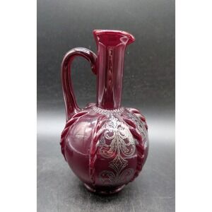 New Martinsville Ruby Red Glass Cruet Silver Overlay Small Pitcher Antique As Is